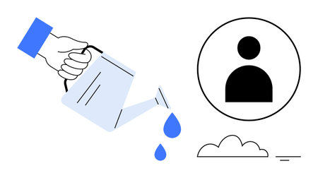 Growth concept. Watering can pouring drops personal growth with profile icon hinting at development. Growth visualization for teamwork, education, self-improvement, human resources, startupsのイラスト素材