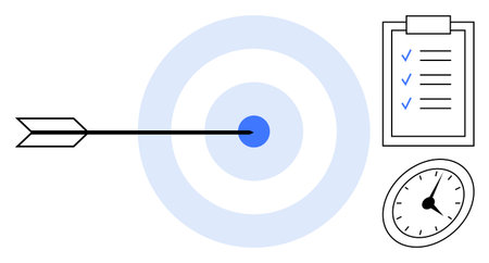 Bullseye target with arrow, checklist with marked tasks, and clock. Ideal for goal setting, productivity, time management, planning, achievement success efficiency. Simple flat metaphorのイラスト素材