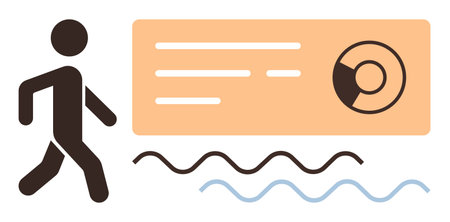 Minimalist figure walking beside a stylized data card with text, chart, and wavy lines. Ideal for movement, decision, progress, information, technology journey innovation. Simple flat metaphorのイラスト素材
