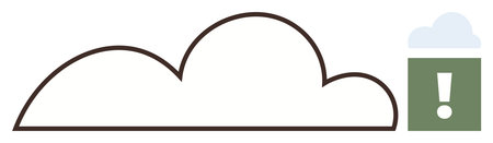 Cloud outline alongside a green notification box with an exclamation mark. Ideal for weather alert, data sync error, cloud computing, online storage caution, technology risk, system warning, simpleのイラスト素材