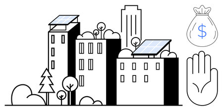 City buildings with rooftop solar panels, green trees, and minimalistic elements convey sustainability, renewable energy, and financial investment. Ideal for eco-living, clean energy, urban planningのイラスト素材