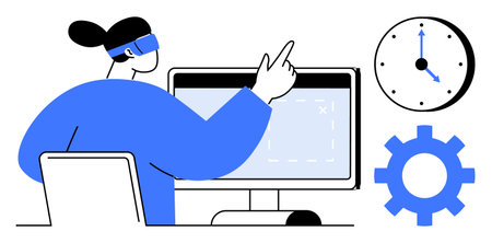 Person with virtual reality headset gesturing at monitor, blue clock and gear around. Ideal for VR experience, innovation, productivity, workflow, digital future, tech design, simple flat metaphorのイラスト素材