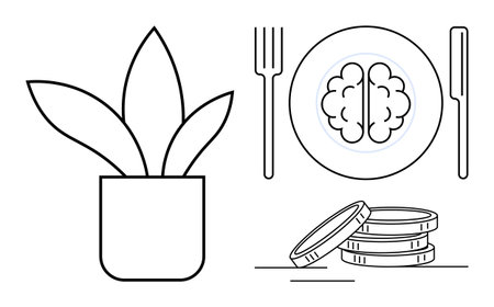 Potted plant, coins, fork, knife, and brain-shaped food focus on growth, nourishment, and prosperity. Ideal for education, investment personal growth wellness minimalism cognitive health simpleのイラスト素材