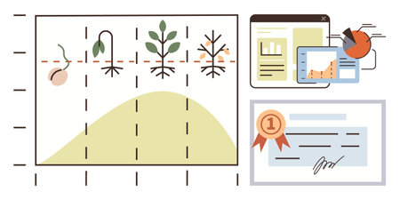 Plant growth phases chart combined with analytics data, pie chart, and certificate. Ideal for...