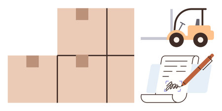 Stacked boxes, forklift moving cargo, signed document with pen. Ideal for logistics, shipping, inventory, warehouse, delivery supply chain business operations. Simple flat metaphorのイラスト素材