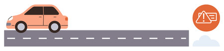Orange car traveling on a straight, dashed-line road with a warning alert sign. Ideal for transportation, road safety, navigation, warning system, driving caution, automotive guidance, simple flatのイラスト素材