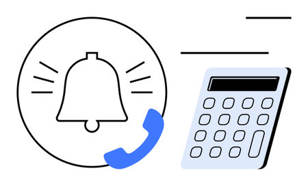 Bell ringing inside a circle with phone receiver, next to a calculator. Ideal for finance,...