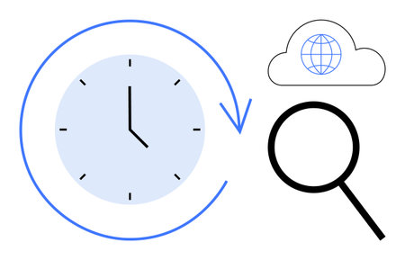Clock with circular arrow, magnifying glass below cloud displaying a globe. Ideal for time tracking,...