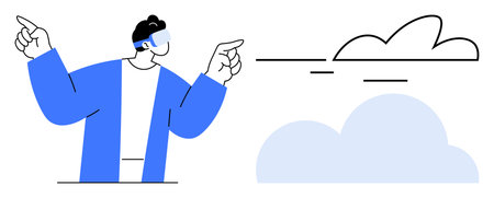 Person wearing a virtual reality headset gesturing with both hands toward stylized cloud shapes. Ideal for technology, innovation, imagination, virtual reality, future, creativity, simple flatのイラスト素材
