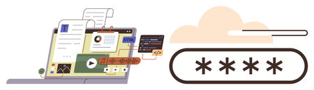 Laptop with HTML code, charts, video, and documents alongside a progress bar and password...