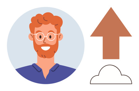Smiling man in a circle, brown upward arrow, cloud outline symbolizing growth, opportunity, optimism, success, personal development, career progress, motivation digital transition simple flatのイラスト素材