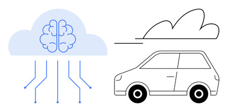 Cloud-shaped brain with circuit lines illustrating AI and data flow next to a car, suggesting autonomous vehicle technology. Ideal for AI, cloud computing, automation, IoT, innovation, connectivityのイラスト素材