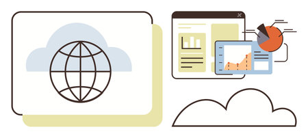 Cloud storage symbol, globe, data charts, browser and tablet screen with analytics. Ideal for technology, data science, business intelligence, global connectivity, cloud computing analytics growthのイラスト素材