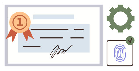 Award certificate with badge, signature line, fingerprint verification, and gear icon. Ideal for achievement, authenticity, recognition, professional validation, digital security certificationのイラスト素材
