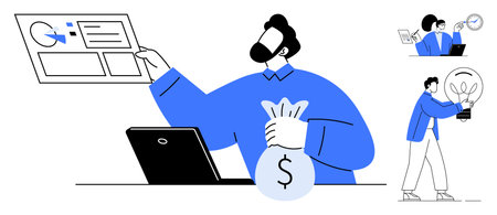 Man analyzing data charts, holding money bag, and colleagues brainstorming with a light bulb. Ideal for business strategy, innovation, teamwork, finance, growth entrepreneurship creativity. Simpleのイラスト素材