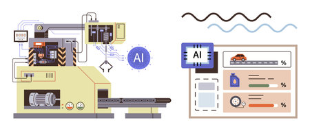 Factory machine integrated with AI for automated processes, real-time data dashboards, and efficiency tracking. Ideal for technology, industry 4.0, innovation, machine learning, automationのイラスト素材