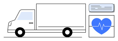 White delivery truck alongside a document window and a blue heart with a heartbeat line. Ideal for logistics, medical delivery, healthcare supply chain, transportation, shipping, emergency servicesのイラスト素材