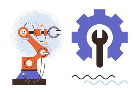 Robotic arm next to gear and wrench, symbolizing technology, automation, and engineering. Ideal for innovation, industry, robotics, manufacturing engineering service efficiency. A simple flatのイラスト素材