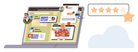 Laptop screen displaying video call, shared graphs, charts, user interaction, and five-star rating. Ideal for collaboration, coworking, remote work, teamwork online communication review systemsのイラスト素材
