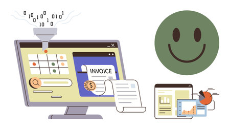 Computer screen showcasing invoice processing, data funnel integration, charts, documents, and a happy face. Ideal for automation, finance, efficiency, analytics technology innovation positiveのイラスト素材