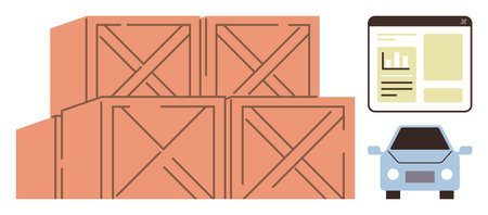 Stacked wooden crates, delivery car, and digital dashboard representing storage, transportation, and data tracking flow. Ideal for shipping, inventory, logistics, e-commerce warehousing analyticsのイラスト素材