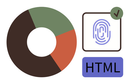 Multi-colored pie chart, fingerprint authentication with a green checkmark, and HTML text. Ideal for...