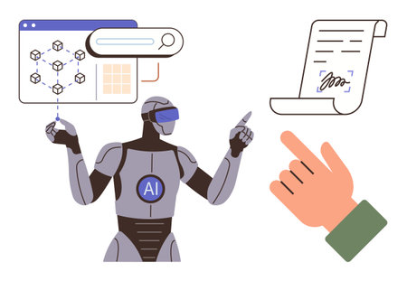 Robot with AI label interacting with data interface, contract, hand pointing at document. Ideal for technology, AI innovation, automation, robotics, digital management, workflow future conceptsのイラスト素材