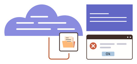 Cloud connected to a file folder, browser error message, and system warning panel. Ideal for technology, data management, file sharing, cybersecurity, cloud computing, error handling digitalのイラスト素材