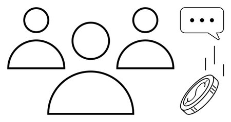 Three figures representing a group and coin beside a chat bubble suggest decisions and collaboration. Ideal for teamwork, communication, money, leadership, decision-making, cooperation, financialのイラスト素材