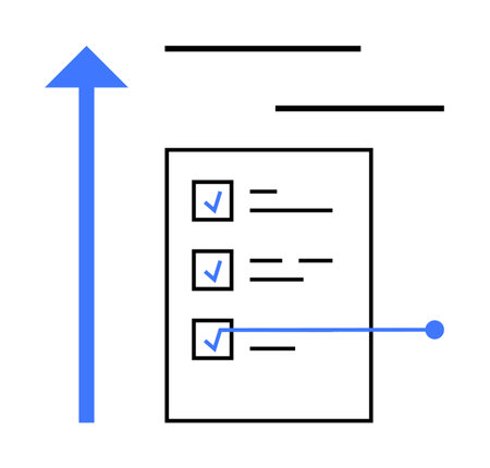 Checklist with marked tasks, blue upward arrow representing growth, progress, and productivity. Ideal for goal setting, organization, task management, strategy, success motivation simple flatのイラスト素材