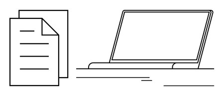 Laptop on desk beside document showing connection between technology and paperwork. Ideal for productivity, digital transformation, office setup, remote work, education, data organization, simpleのイラスト素材