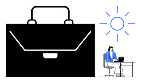 Business concept. Business tools ed by a briefcase icon and a person working on a laptop. Business strategy ideas and productivity visualization. For office, remote work, teamwork, and planningのイラスト素材