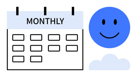 Monthly calendar. A clean monthly calendar with organized layout and positive theme ed by a happy face. Calendar aiding planning, scheduling, time efficiency, events, remindersのイラスト素材