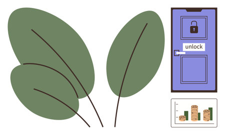 Green leaves, blue locked door labeled unlock, chart showing stacked coins. Ideal for finance, savings, ecology, security, investments sustainability economy. Simple flat metaphorのイラスト素材