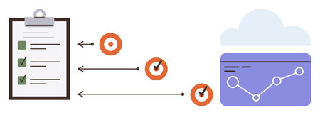 Clipboard with checklist, arrows leading to goal targets, and data graph in cloud display. Ideal for productivity, task management, goal setting, teamwork, tracking progress, data analyticsのイラスト素材