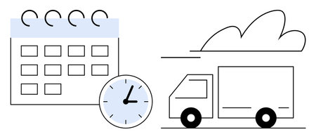 Calendar, clock, and delivery truck illustrate punctuality, planning, and logistics. Ideal for time management, delivery tracking, supply chain, logistics business planning deadlines efficientのイラスト素材