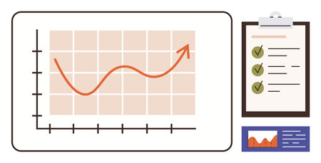 Red upward line graph with a checklist and analytical report. Ideal for data analysis, business planning, strategy development, reporting, success measurement, progress tracking. Simple flat metaphorのイラスト素材
