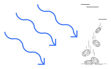 Economics, finance, investments, transactions, cash flow, revenue. Blue arrows moving downward, coins falling on the right. Economics and finance with arrows and coinsのイラスト素材