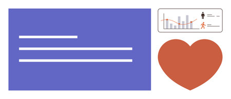 Data visualization screen and heart symbol highlight physical activity and health tracking. Ideal for healthcare, fitness, technology, wellness, analytics, lifestyle, or app design. Simple flatのイラスト素材