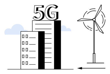 5G network concept. 5G building connectivity and smart technology paired with a wind turbine for renewable energy. 5G network advancing communication, green energy, technology integration, smartのイラスト素材