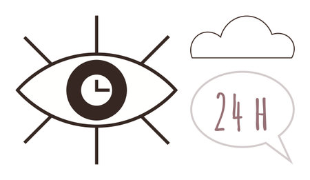 Eye with a clock in the center, 24-hour speech bubble, and a cloud icon. Ideal for surveillance, security, time management, digital monitoring, cloud services, customer support simple flat metaphorのイラスト素材