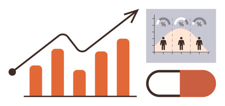 Bar chart with upward arrow, demographic analysis chart, and capsule visualizing growth, research, trends, or progress. Ideal for health data, stats, analysis economy medical innovationのイラスト素材