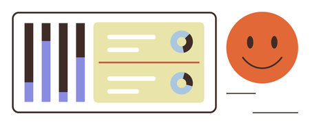 Bar graph and pie charts in a data interface paired with a smiling face for performance assessment. Ideal for analytics, feedback, teamwork, progress tracking, business, education, motivation. Simpleのイラスト素材