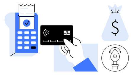 Hand holding contactless card near POS terminal for payment processing. Includes icons of money bag, dollar sign, and design tools. Ideal for finance, fintech, e-commerce, banking, technologyのイラスト素材