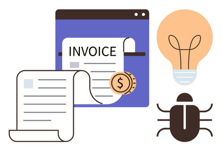 Invoice document with coin in a browser window, light bulb symbolizing ideas, and bug icon. Ideal for finance, innovation, troubleshooting, technology, business strategy, problem-solving simple flatのイラスト素材