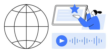 Online education, multimedia content, digital communication, global access, interactive learning, technology. Tablet with a star, globe and audio interface. Online education and multimedia contentのイラスト素材