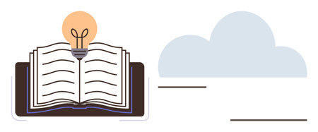 Open book with glowing lightbulb suggesting ideas and learning, and cloud signifying imagination....