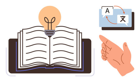 Open book with glowing bulb symbolizing knowledge, hand pointing to language exchange interface. Ideal for education, ideas, language learning, creativity, research, communication innovation. Simpleのイラスト素材