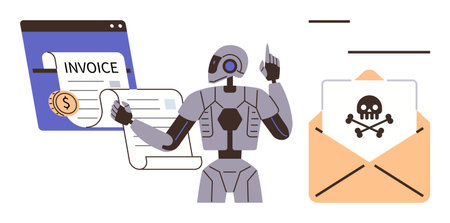 Robot reviewing financial invoices on screen, with open envelope containing malware icon. Ideal for cybersecurity, AI, automation, finance, fraud detection, technology risks, simple flat metaphorのイラスト素材