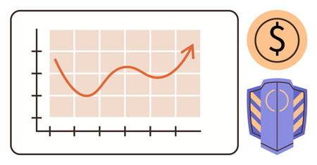 Rising chart with growing trend line, dollar coin, and shield for financial growth, analysis, security, success, economy, planning and investment. Ideal for business progress simple flat metaphorのイラスト素材